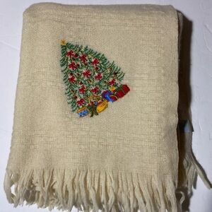 Land's End Coming Home Wool Throw Blanket Embroidered Christmas Tree Holiday